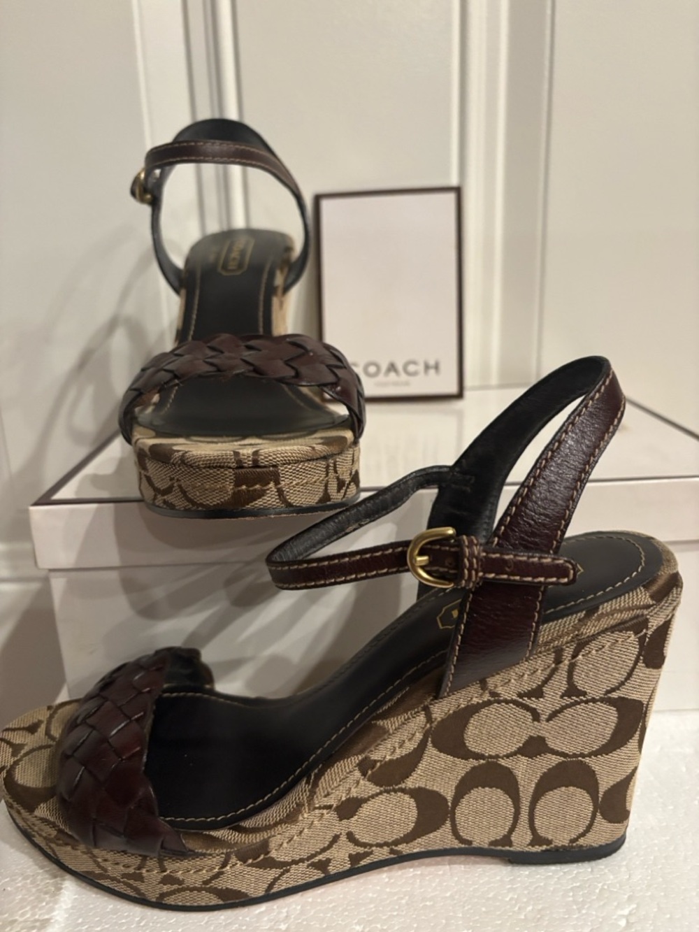 Coach Brown Signature Canvas Wedge Sandals with Dark Brown Leather